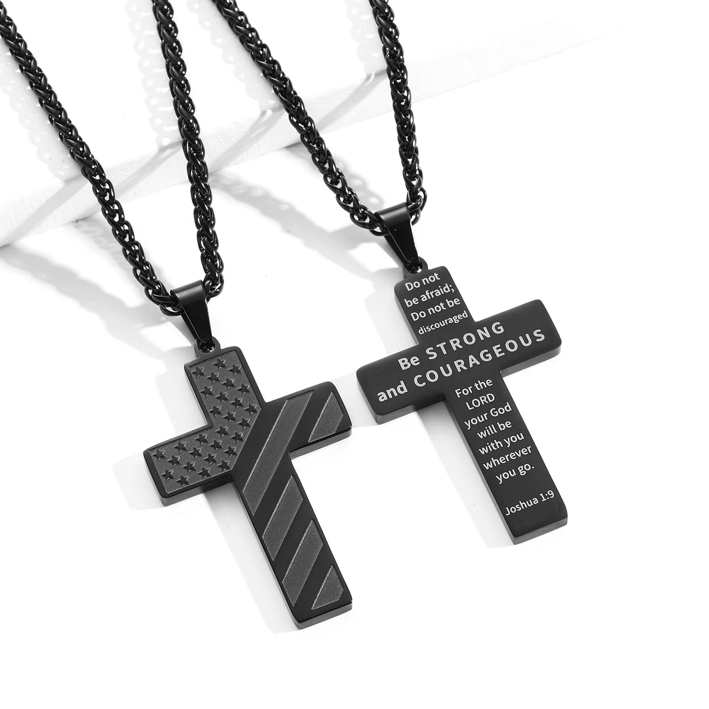 Gold Cross Necklace for Men Bible Verse Stainless Steel American Flag Pendant Chain for Men