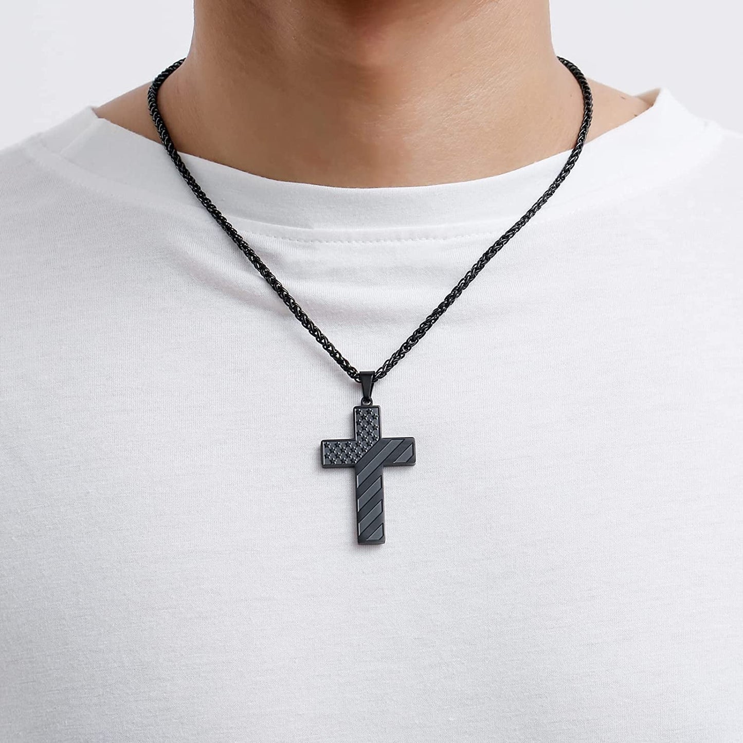 Gold Cross Necklace for Men Bible Verse Stainless Steel American Flag Pendant Chain for Men